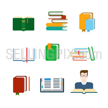 Flat style creative modern mobile education web app concept icon set. Lib library book heap tab bookmark notebook teacher. Website icons collection.
