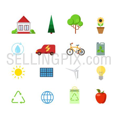 Flat style creative modern mobile eco green energy power web app concept icon set. Consumption nature friendly sun battery water circuit circulation wind turbine recycling. Website icons collection.