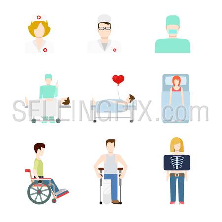 Creative flat style concept vector people icon set for hospital patient medical team checkup fluoroscopy x-ray crutches wheelchair doc nurse. Creative people collection.