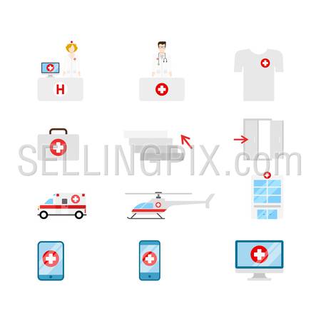 Flat style creative modern mobile medical hospital transport people gadget computer web app concept icon set. Nurse doctor t-shirt emergency briefcase stairs ambulance helicopter tablet infographics.