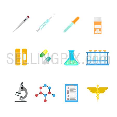 Flat style creative modern mobile chemical pharmaceutical web app concept icon set. Thermometer syringe pipette pills caduceus flask DNA test tube microscope infographics. Website icons collection.