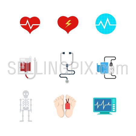 Flat style creative modern mobile life death web app concept icon set. Heart rate decease monitor blood transfusion system pressure stethoscope morgue leg label infographics. Website icons collection.