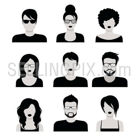 Flat style black and white people haircut vector icon set. Young male female hipster programmer designer beard mustache emo avatar collection.