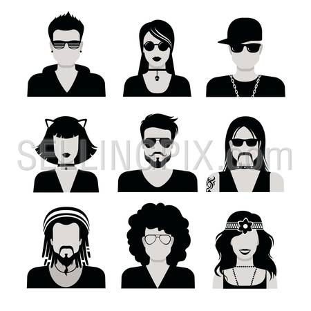 Flat style black and white people haircut vector icon set. Young male female hipster programmer designer beard mustache emo avatar collection.