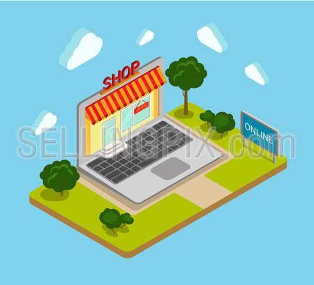 Flat 3d isometric online shop shopping web infographics concept. Creative website blog picture banner collection.