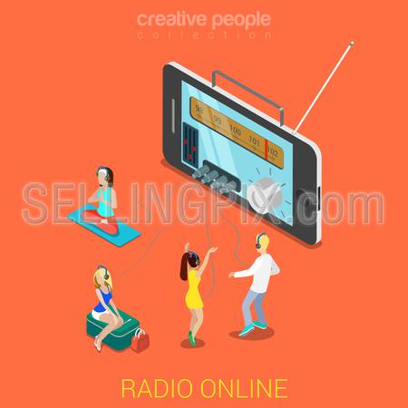 Flat 3d isometric online internet radio streaming listening web infographics concept. Huge smartphone and micro people mini jack headphones relax listen dance. Creative people collection.