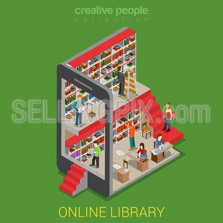 Flat 3d isometric online library web infographics concept. Micro people walking in lib inside tablet smartphone e-book reading book shelf stand. Creative people collection.