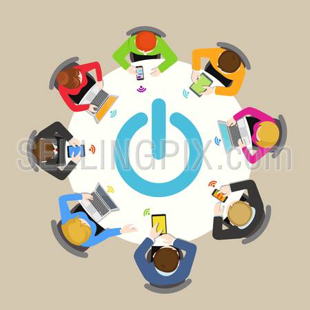 Office table top view wi-fi network sharing flat web infographic concept vector. Tablet laptop smartphone wireless usage. Creative people collection.