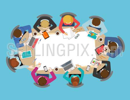 Office table top view business meeting flat web infographic concept vector. Brainstorm report planning background. Creative people collection.