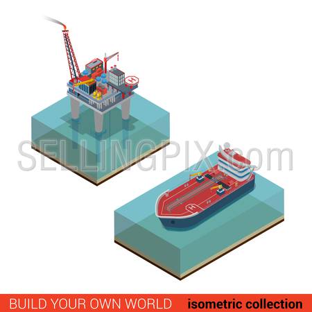 Oil platform with helipad helicopter platform transport tanker in sea ocean. Oil production process cycle. Oil extraction derrick, refinery, logistics delivery collection.