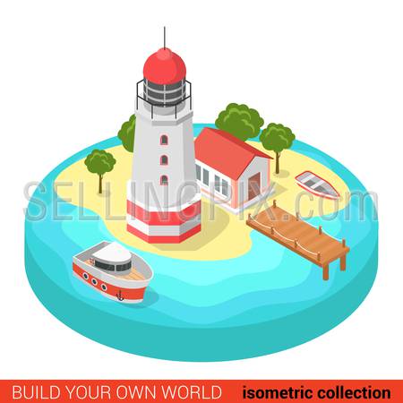 Flat 3d isometric creative modern lighthouse island marine boat building block info graphic concept. Build your own infographics world collection.
