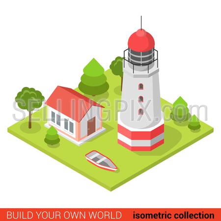 Flat 3d isometric creative modern lighthouse boat building block info graphic concept. Build your own infographics world collection.