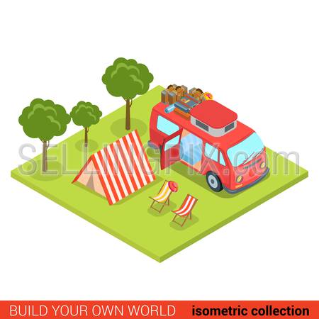 Flat 3d isometric hippie van outdoor tent lounge beach chair modern info graphic concept. Build your own infographics world collection.
