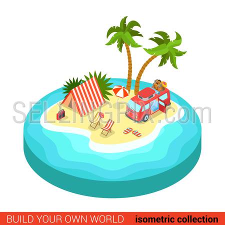 Flat 3d isometric hippie van outdoor tent lounge beach chair on tropic island modern info graphic concept. Build your own infographics world collection.