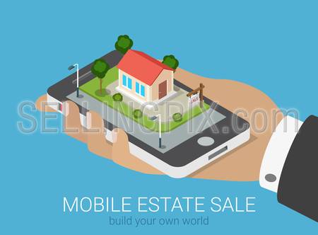 Flat 3d isometric creative mobile real estate sale web infographics concept. Big hand with smartphone on micro house street block. Creative people collection.