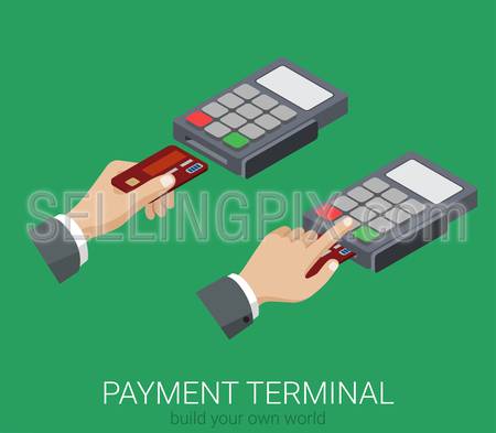 Flat 3d isometric credit card payment POS terminal PIN code usage web infographics concept. Creative people collection.