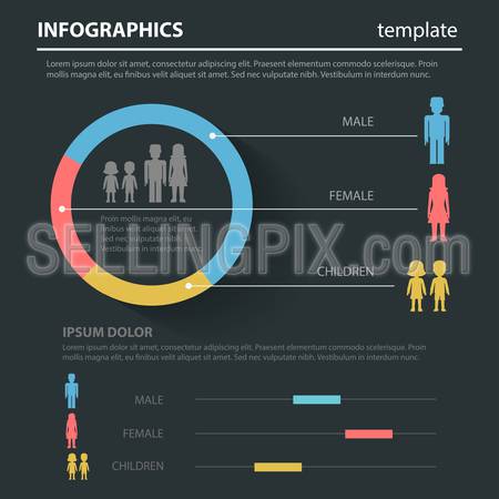 Gender family social flat style thematic infographics concept template. Male female children data info graphic. Conceptual web site infographic collection.
