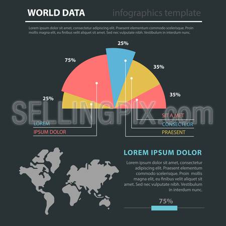 Abstract marketing world map flat style thematic infographics concept template. Worldwide circular diagram data info graphic. Conceptual web site infographic collection.