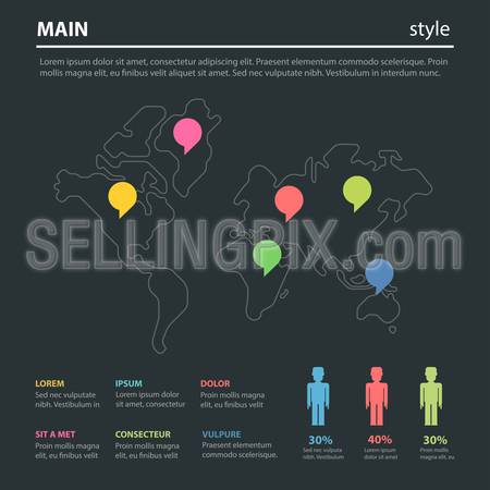Marketing social focus group world map flat style thematic infographics concept template. Worldwide data info graphic. Conceptual web site infographic collection.