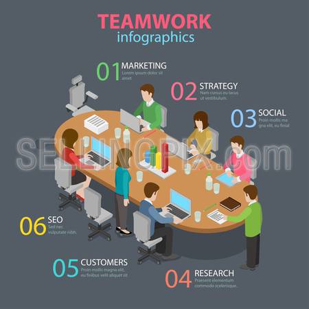 Teamwork office staff meeting room table brainstorming flat 3d isometric style thematic infographics concept. Marketing strategy SEO research info graphic. Conceptual web site infographic collection.