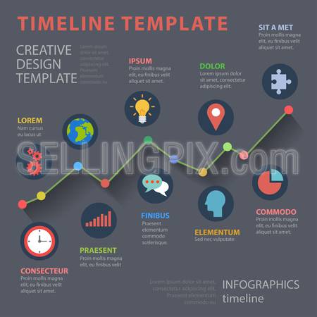 Timeline multicolor flat style thematic infographics concept. Time line graph diagram colorful icon info graphic. Conceptual web site infographic collection.