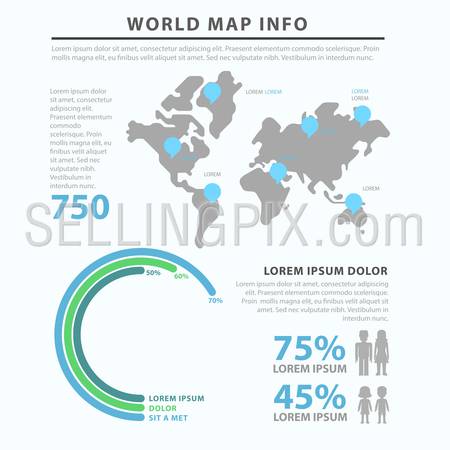 Gender marketing social focus group world map flat style thematic infographics concept template. Worldwide circular diagram male female data info graphic. Conceptual web site infographic collection.