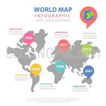 World map historic year data flat style thematic infographics concept. Worldwide statistics colorful continent marker info graphic. Conceptual web site infographic collection.