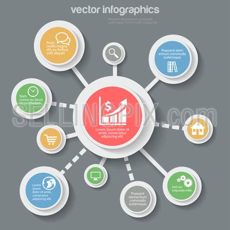 Abstract business finance data flat style thematic infographics concept. Circles with icons connected info graphic. Conceptual web site infographic collection.