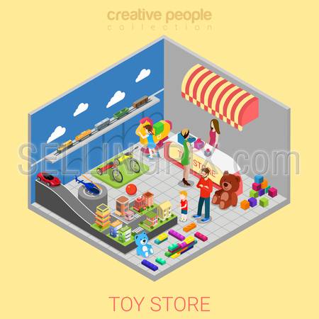 Flat 3d isometric toy store web infographics concept. Kid child parents in shop interior choosing gift cashier desk seller. Creative people collection.