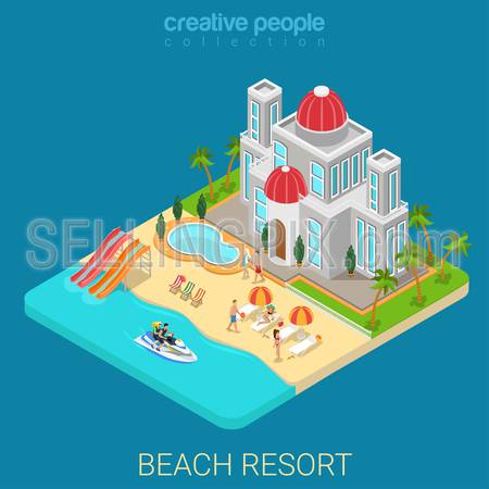 Flat 3d isometric creative beach hotel web infographics travel vacation concept. Luxury class five star resort island water slide bike jetski. Creative people collection.