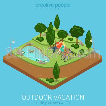 Flat 3d isometric outdoor vacation web infographics concept. Cycling couple relax on bench by the pond in forest park. Creative people collection.