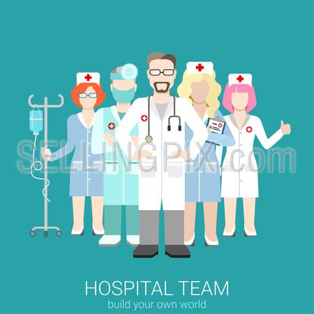Flat style modern web infographic hospital teamwork workforce team staff management concept. Doctor nurse surgeon nursing. Creative people young businessmen collection.