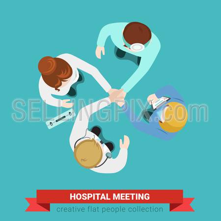 Hospital medical handshake team meeting. Top view flat web infographic medicine healthcare concept vector. Doctor patient nurse surgeon assistant. Creative people collection.