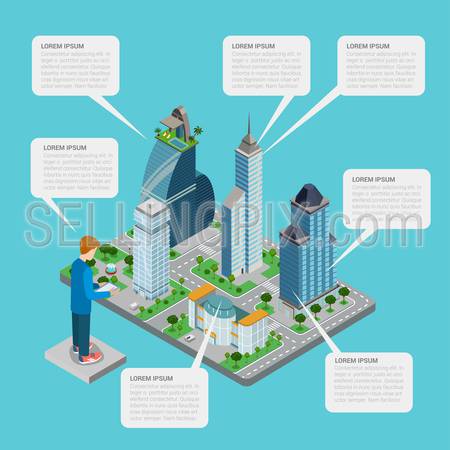 City estate realty building megalopolis flat style thematic infographics concept. Business office center mall shop call out label man tablet info graphic. Conceptual web site infographic collection.