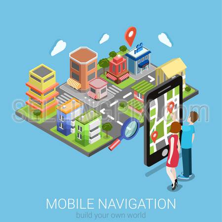 Flat 3d isometric creative mobile navigation web infographics concept. Couple touching big smartphone and city model map pin point. Creative people collection.