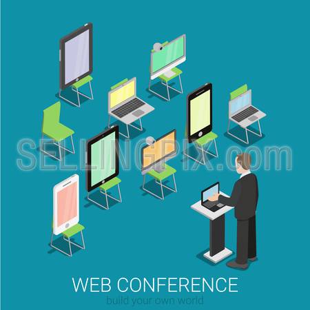 Flat 3d isometric online internet web conference infographics concept. Businessman with laptop on tribune and tablet smart phone laptop computer on seats replacing real people. Creative collection.
