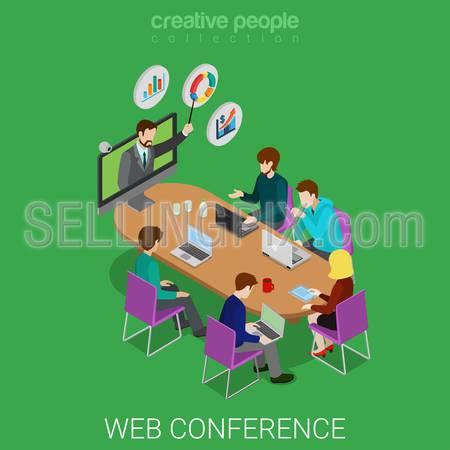 Flat 3d isometric online education webinar conference web infographics concept. Teacher coach from web camera and student class meeting room. Creative people collection.
