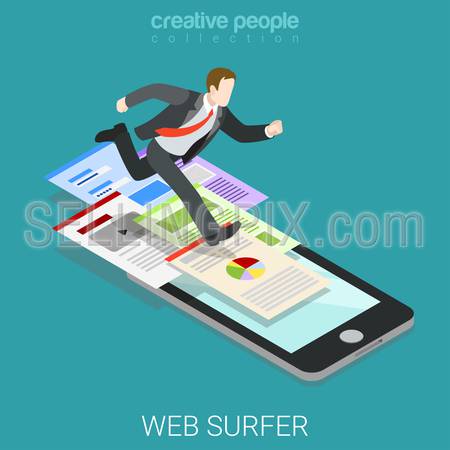 Flat 3d isometric mobile web surfer infographics concept. Businessman running big webpages path smart phone. Creative people collection.