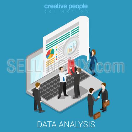 Flat 3d isometric online data analysis web infographics concept. Micro people hold magnifier before big laptop screen. Creative people collection.