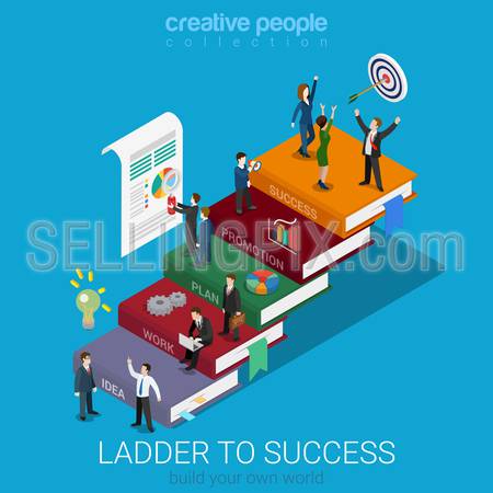 Flat 3d isometric ladder to success web infographics concept. Businessmen on big book step way idea work plan promotion success. Creative people collection.