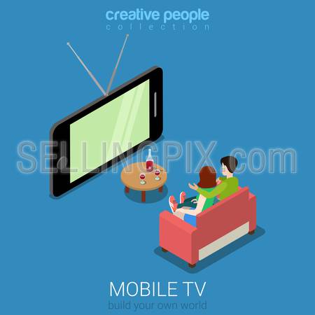 Flat 3d isometric mobile TV web infographics concept. Couple on sofa watching television on big smart phone screen. Creative people collection.