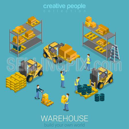 Flat 3d isometric warehouse delivery storage building interior transport infographic concept. Loader forklift pallet shelf storage stand. Build your own infographics world collection.