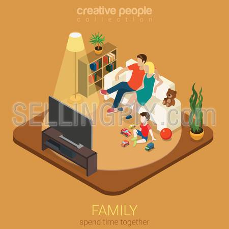Family time parenting flat 3d isometric web infographic concept. Couple mother father and son in living room watching TV. Creative people family collection.