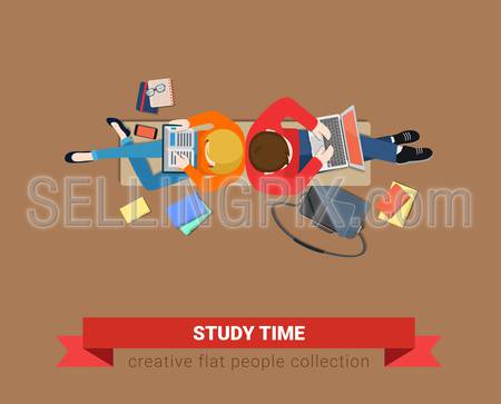 Bench top view students study time flat web infographic concept vector. Couple education process laptop book outdoor. Creative people collection.