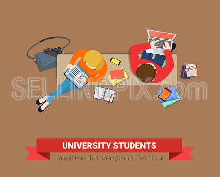Bench top view students study time flat web infographic concept vector. Couple education process laptop book outdoor. Creative people collection.