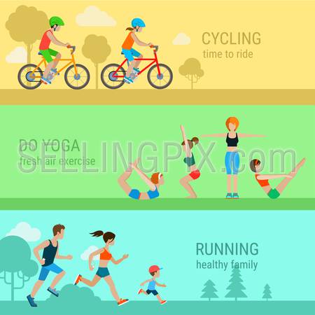 Flat style modern set of sport outdoor activities. Cycling bicycle do yoga running together. Healthy lifestyle infographics concept collection.