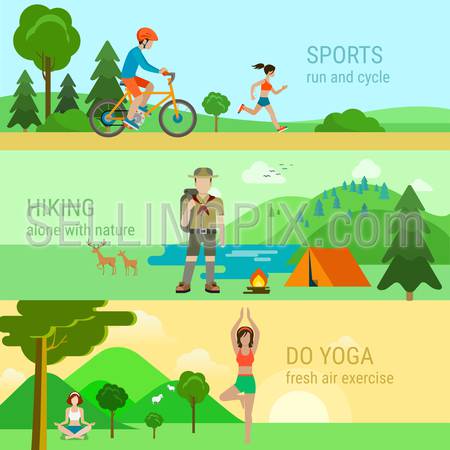 Flat style modern set of sport outdoor activities. Cycling bicycle running do yoga hiking alone with nature. Healthy lifestyle infographics concept collection.
