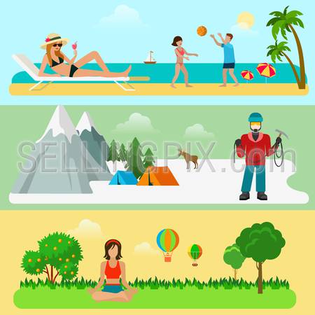 Flat style modern set of outdoor activities. Summer beach vacation winter mountain rock climbing hiking alone with nature yoga in park. Healthy lifestyle infographics concept collection.