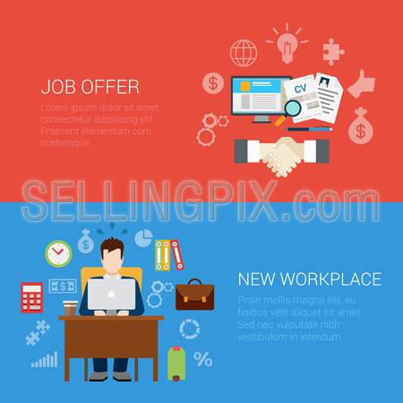 Flat style job offer new workplace website banner infographic icon set. Handshake CV work search computer and table briefcase room. Web infographics collection.