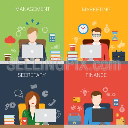 Flat style management marketing secretary finance people at workplace website banner infographic icon set. Web infographics collection.